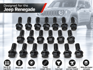 Jeep Renegade Lug Bolt Set - Set of 20 - M12x1.25 - 60° Cone Seat - Black - 17mm Head
