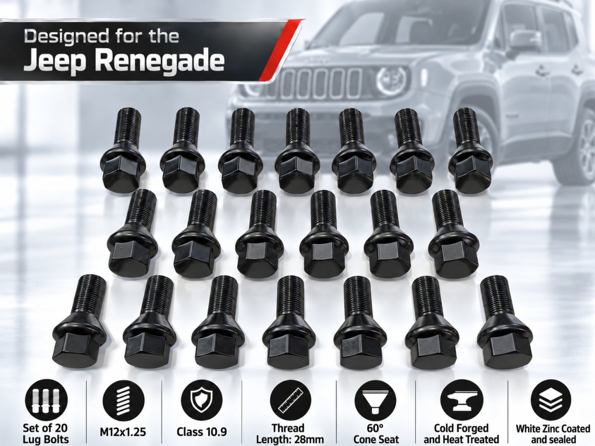 Jeep Renegade Lug Bolt Set - Set of 20 - M12x1.25 - 60° Cone Seat - Black - 17mm Head Jeep Renegade Lug Bolt Set - Set of 20 - M12x1.25 - 60° Cone Seat - Black - 17mm Head