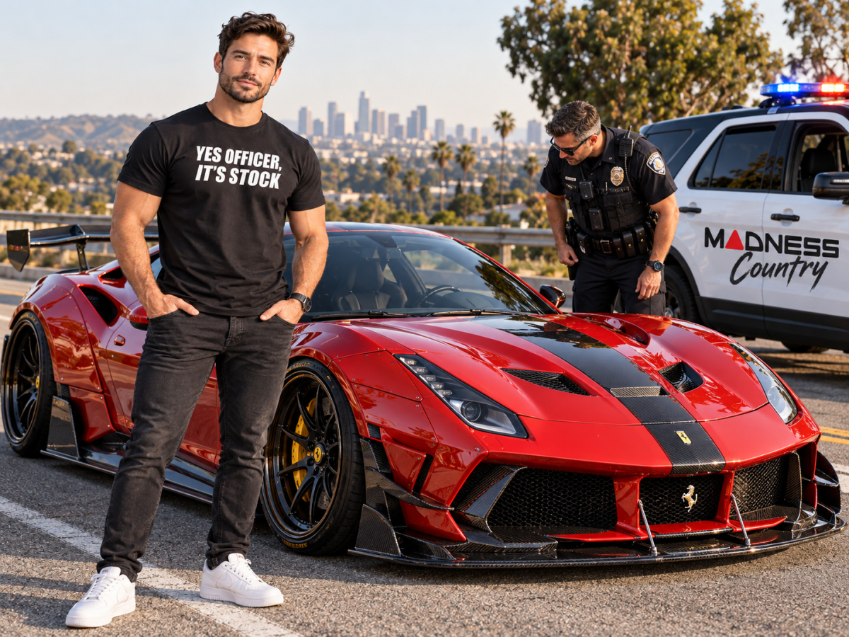 MADNESS Autoworks T-Shirt - YES OFFICER, IT'S STOCK MADNESS Autoworks T-Shirt - YES OFFICER, IT'S STOCK