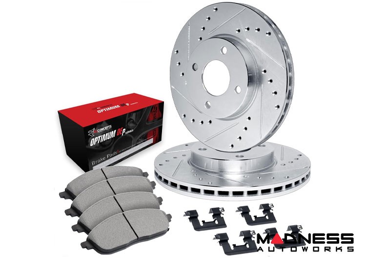 Jeep Renegade Brake Kit - Front - R1 Concepts - Optimum OEp Brake Pads - eLINE Drilled + Slotted Rotors